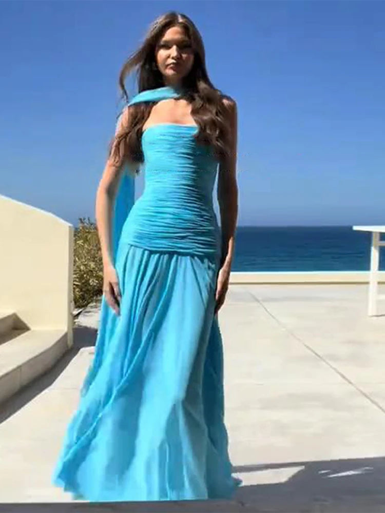 Gradient Pleated Top Skirt Set Beach Halter Suit