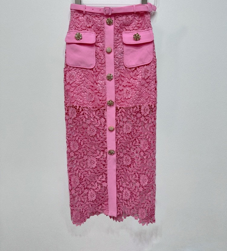 Button Decoration Pink Lace Cardigan/Same High Waist Skirt