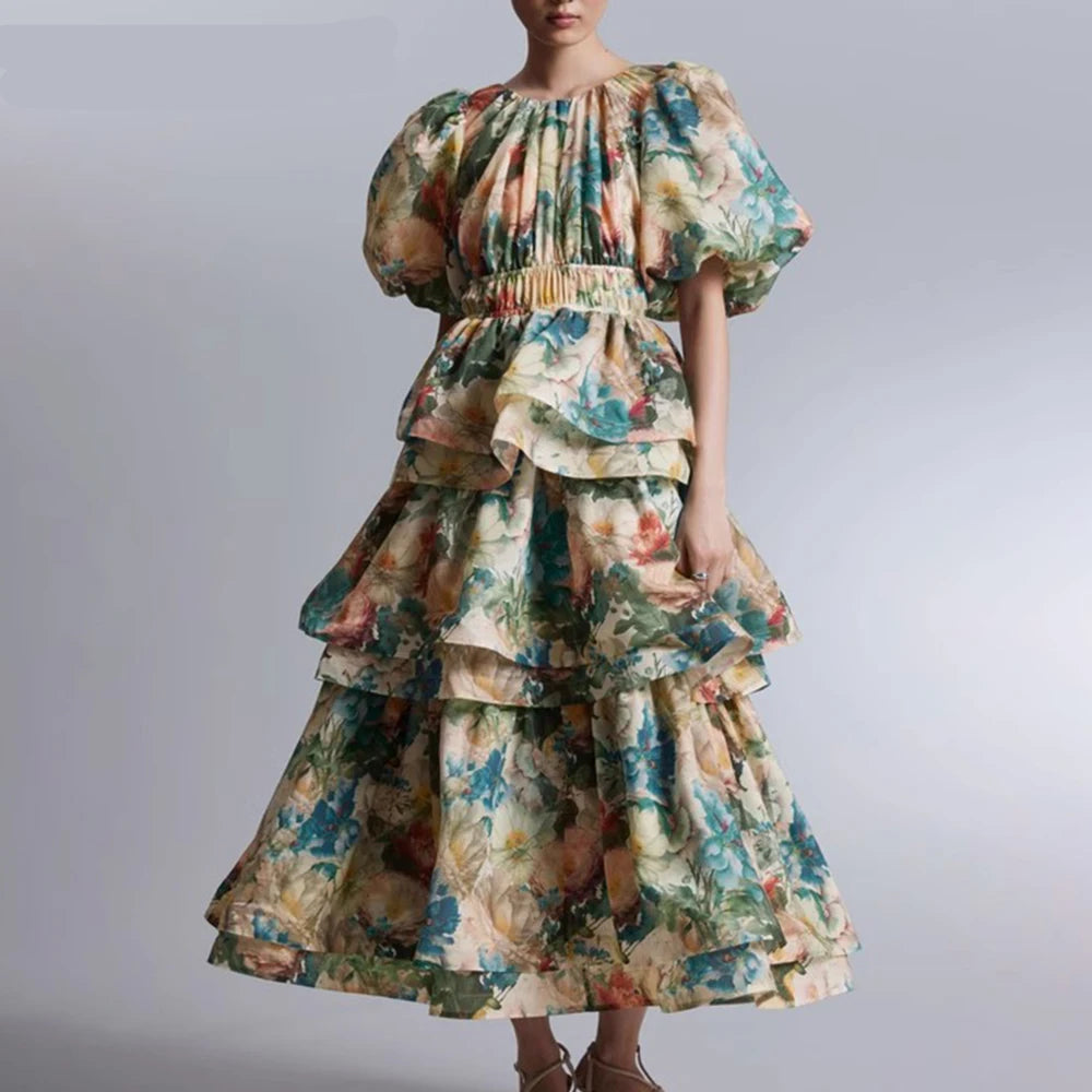 Hit Printing Puff Sleeve Loose A Line Vintage Dress
