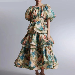 Hit Printing Puff Sleeve Loose A Line Vintage Dress