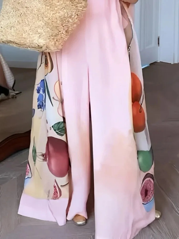 Fruit Printed Wide Leg Pink Jumpsuit