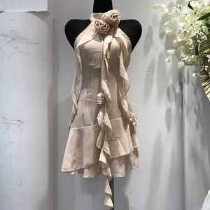 Halter High Waist Backless Irregular Ruffles Spliced Appliques Dresses