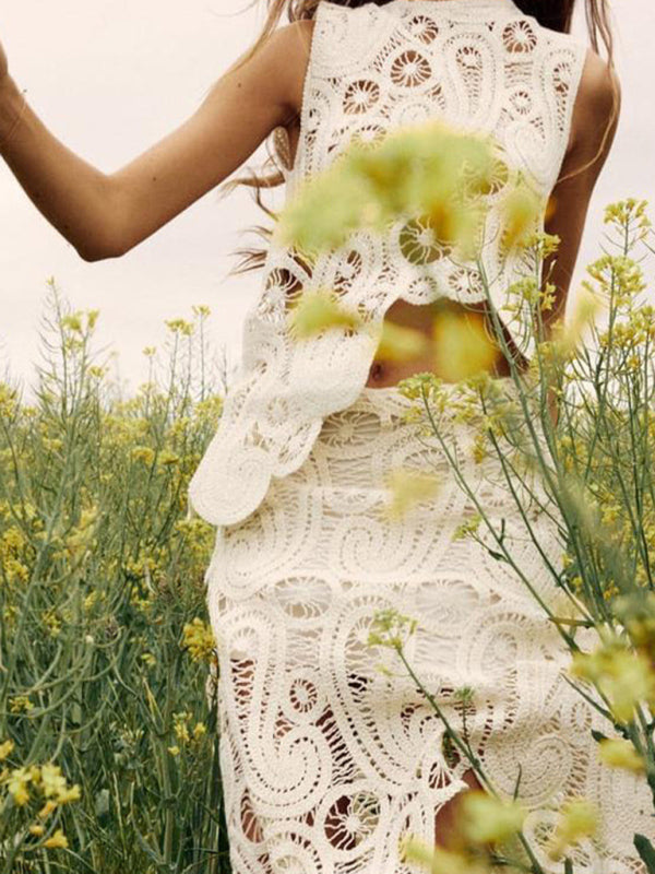 Women's Fashion Retro Half-Slit Irregular Design Round Neck Sleeveless Vest + Skirt Set 😍 Ship from USA👍