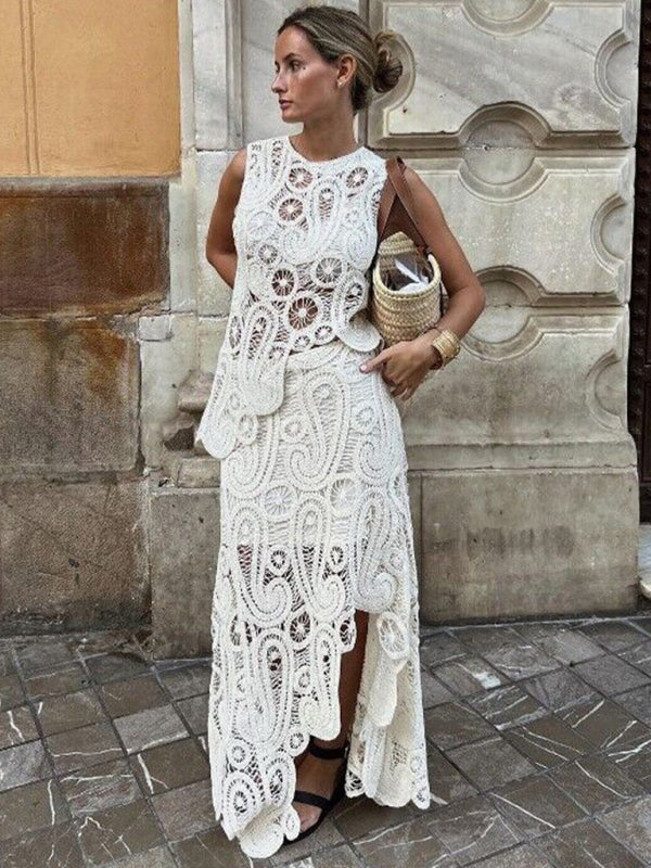 Women's Fashion Retro Half-Slit Irregular Design Round Neck Sleeveless Vest + Skirt Set 😍 Ship from USA👍