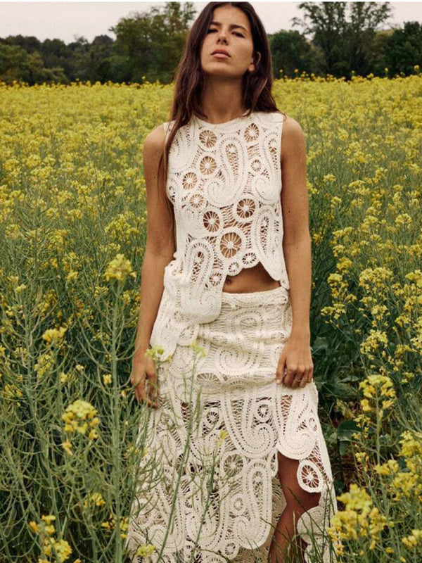 Women's Fashion Retro Half-Slit Irregular Design Round Neck Sleeveless Vest + Skirt Set 😍 Ship from USA👍