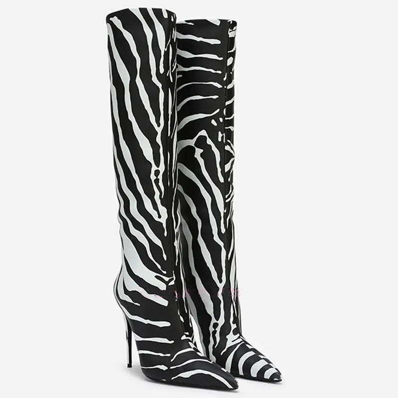Zebra Print Pointed-Toe Stiletto Boots Slip-On Stylish Knee High Boots