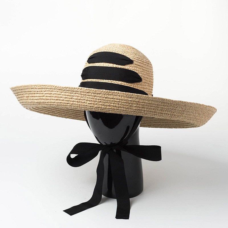 Black Bandage Ribbon Raffia Straw Hat