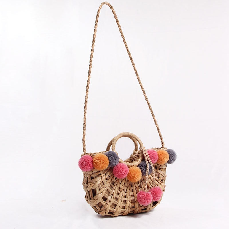 Hand Woven Hollow Straw Color Balls Bag