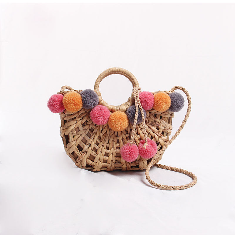 Hand Woven Hollow Straw Color Balls Bag