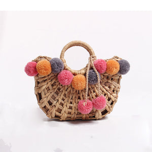 Hand Woven Hollow Straw Color Balls Bag
