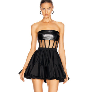 2020 Black Sexy Mesh PU Leather Swing Dress