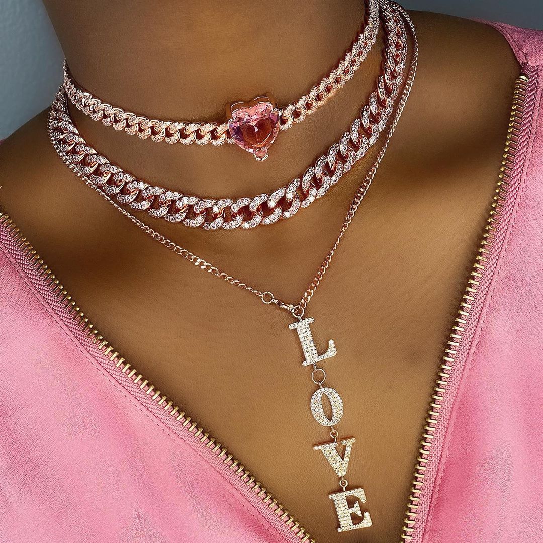 2020 pink Cuban Chain Rose Heart Choker Necklace