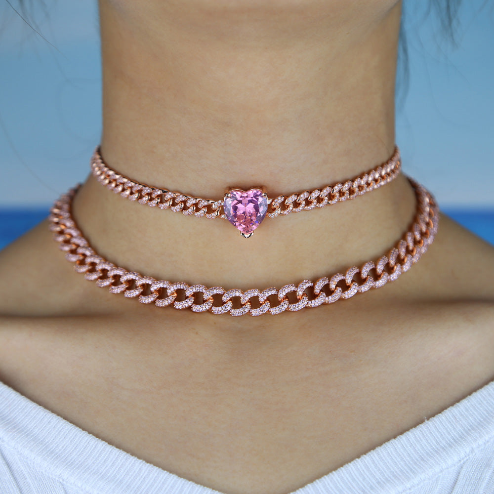2020 pink Cuban Chain Rose Heart Choker Necklace