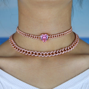 2020 pink Cuban Chain Rose Heart Choker Necklace