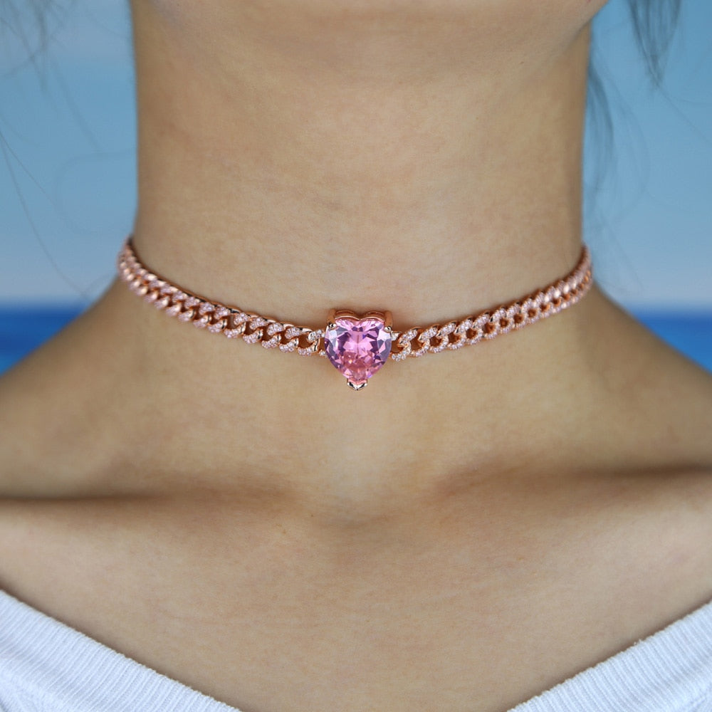 2020 pink Cuban Chain Rose Heart Choker Necklace
