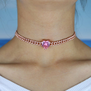 2020 pink Cuban Chain Rose Heart Choker Necklace