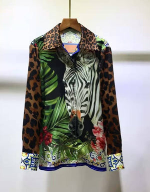 Luxury 100% TWILL SILK Leopard Animal Print Blouse