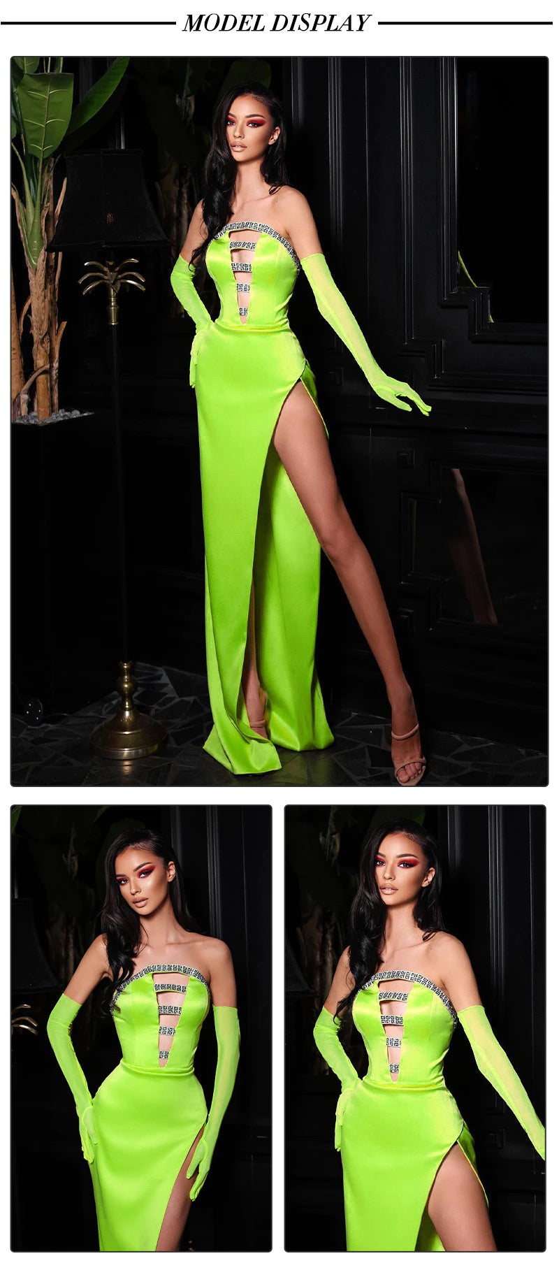 Rhinestone Hollow Out  High Slit Neon Green Strapless Dress With Sleeve Glove