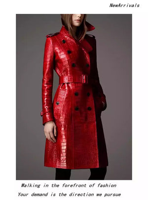 Long Red Crocodile Print Leather Trench Coat