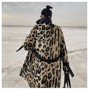 Long Leopard Print Warm Fluffy Faux Fur Trench Coat