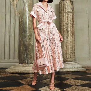 Summer Designer Lace Pocket Cutout Embroidery Belt Dress