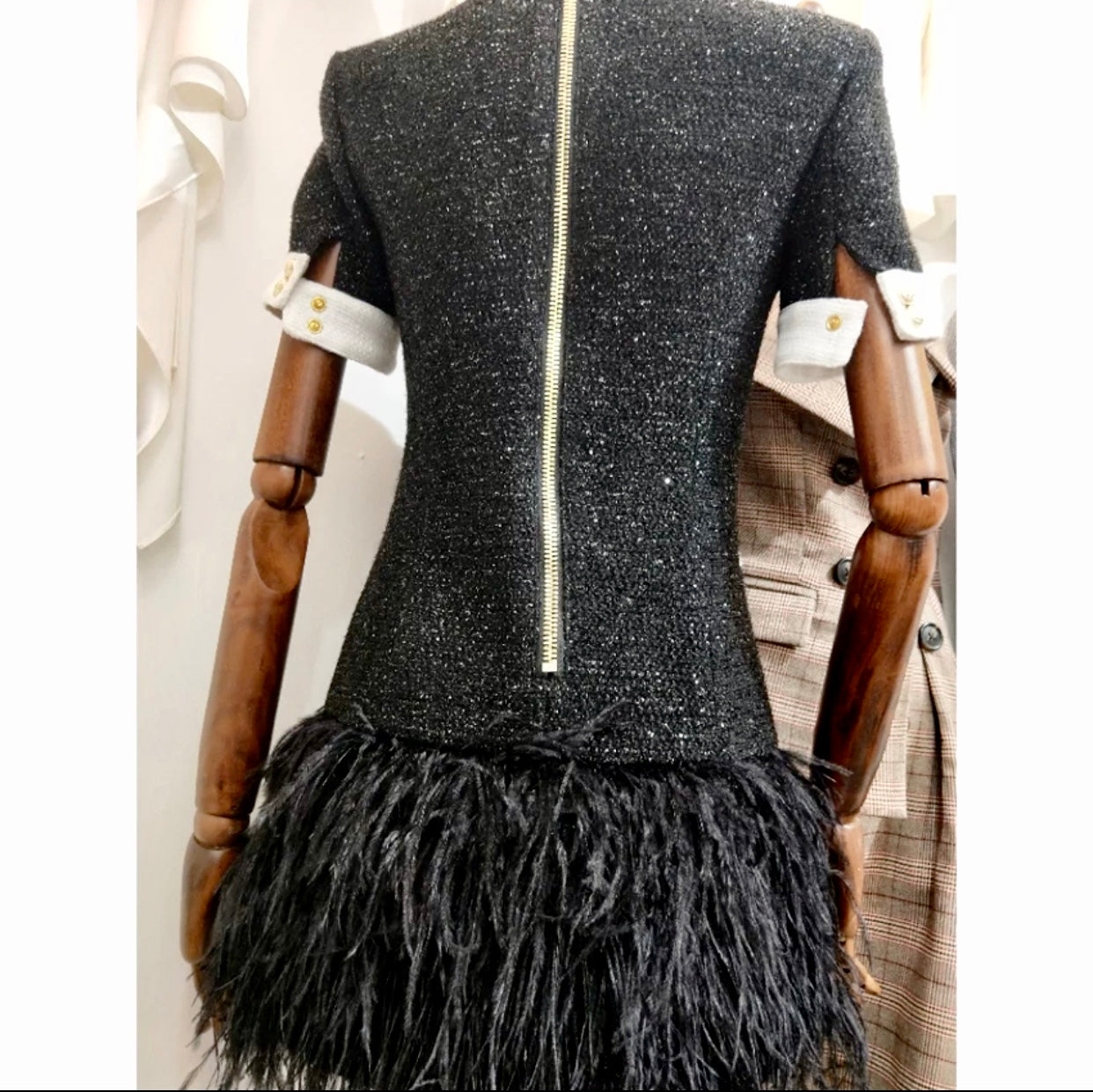 Runway Design B/W Feather Gold Lion Button Dress
