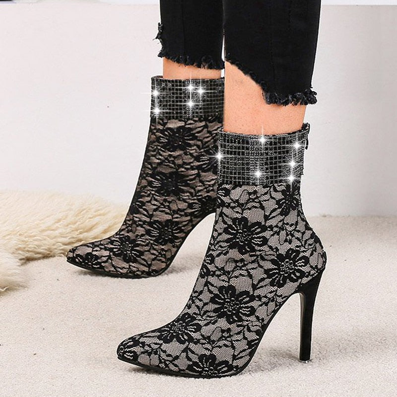 Rhinestone Lace Ankle Boot