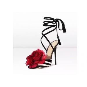 White & Black Zebra Stripe Big Red Flower Sandal