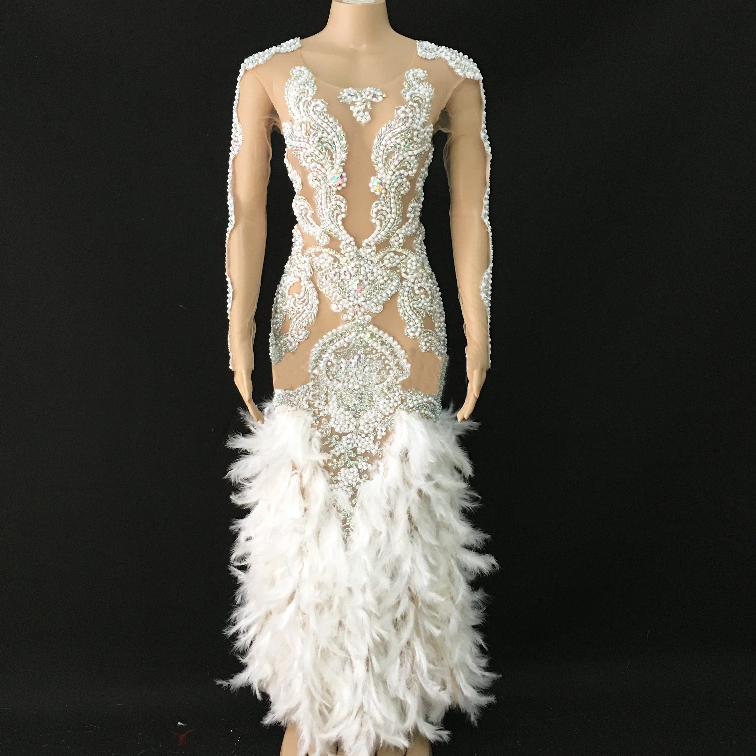 See through Stone Pearls White Feather Dress
