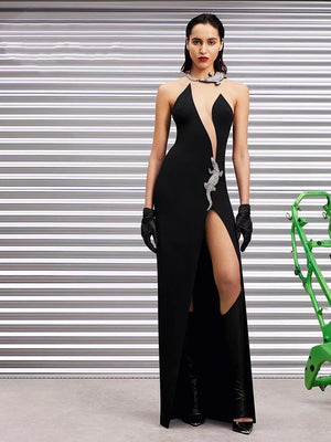 Black Chic Crocodile Diamond Design Mesh Splicing Bandage Dress