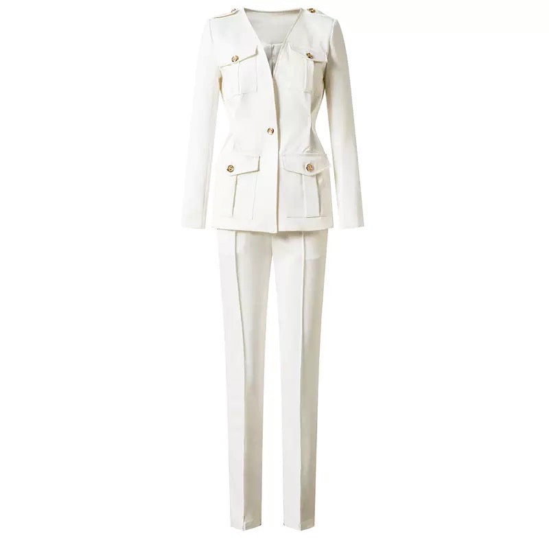 Elegant England Style White Two Pieces Pantsuit