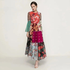 Designer Colorblock Print Vintage Elegant Dresses