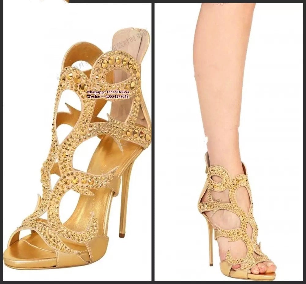 Luxury Brand Rhinestone Cut-outs Gold Back zipper Gladiator Sandals