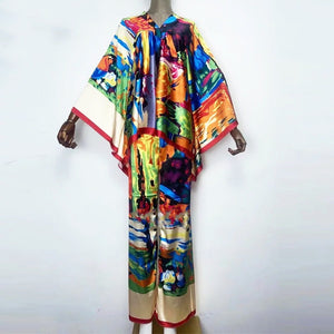2pcs Suit Bohemian Printed Over Size V-neck Batwing Sleeve Dress