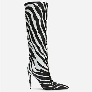 Zebra Print Pointed-Toe Stiletto Boots Slip-On Stylish Knee High Boots