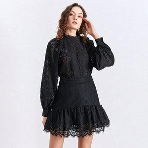 2pcs Hollow Out Lace Shirt & Skirt
