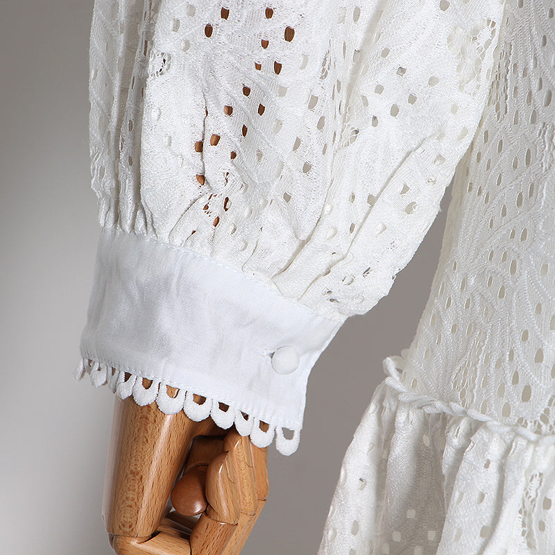 2pcs Hollow Out Lace Shirt & Skirt