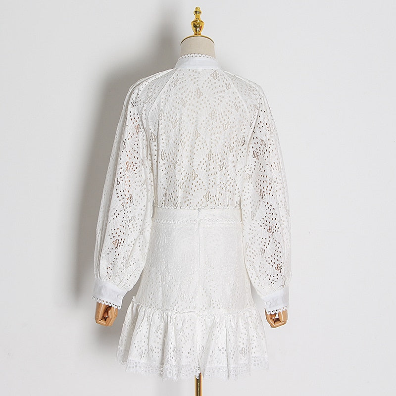 2pcs Hollow Out Lace Shirt & Skirt