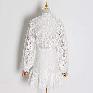 2pcs Hollow Out Lace Shirt & Skirt