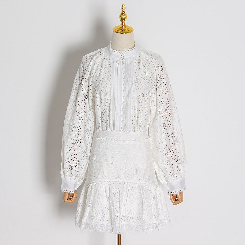 2pcs Hollow Out Lace Shirt & Skirt