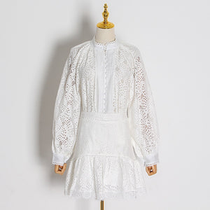 2pcs Hollow Out Lace Shirt & Skirt