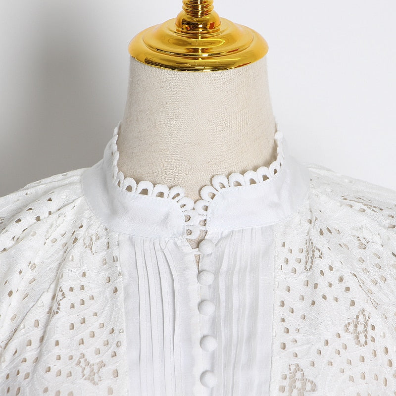 2pcs Hollow Out Lace Shirt & Skirt