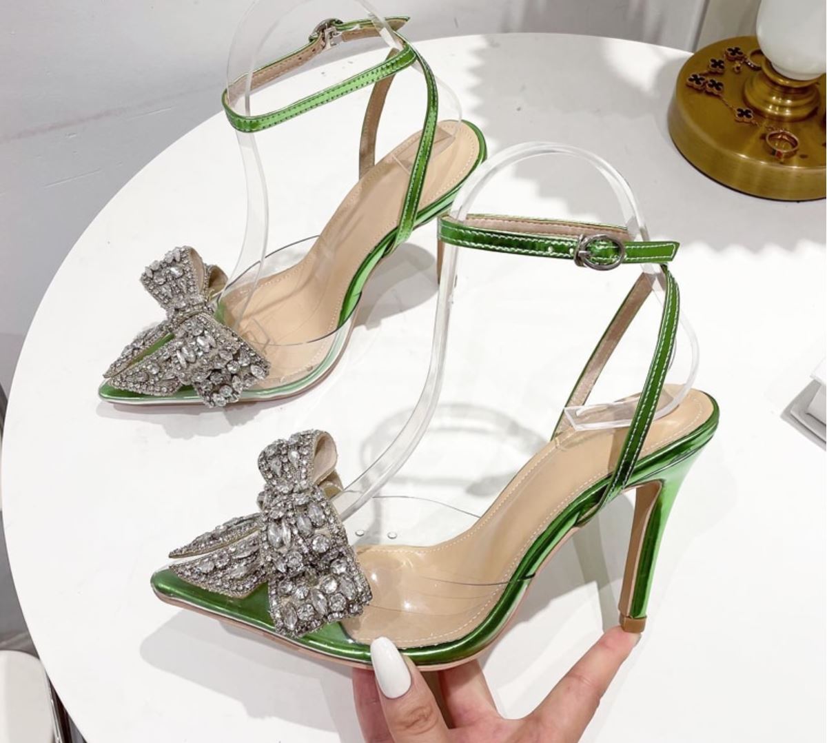 Green Transparent PVC Butterfly-knot Rhinestone Slingbacks Shoes