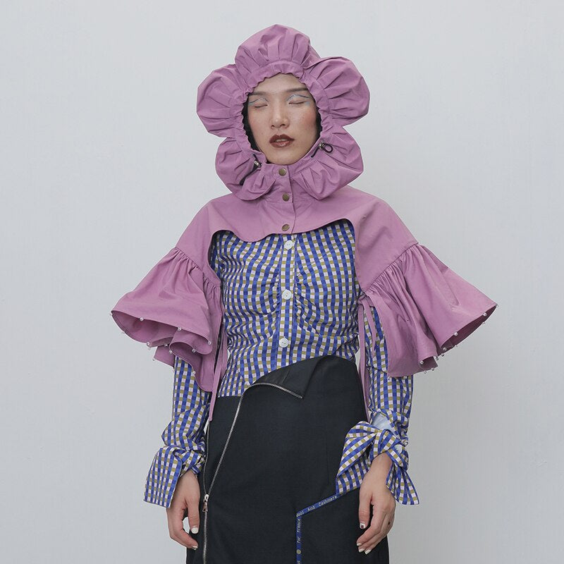 Patchwork Beads Hooded Collar Half Sleeve Pashima