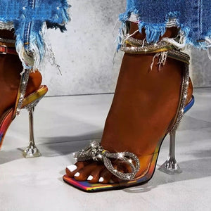 Rhinestone Bowknot PVC Jelly Transparent Square Toe Sandal