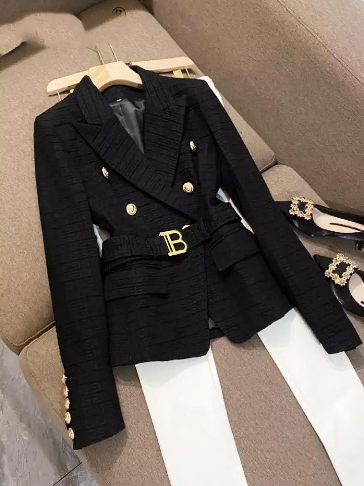 High-Quality Designer  White Textured Blazer with Belt