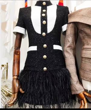 Runway Design B/W Feather Gold Lion Button Dress