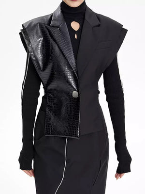 Vest Notched Collar Metal PU Leather Patchwork Waistcoat