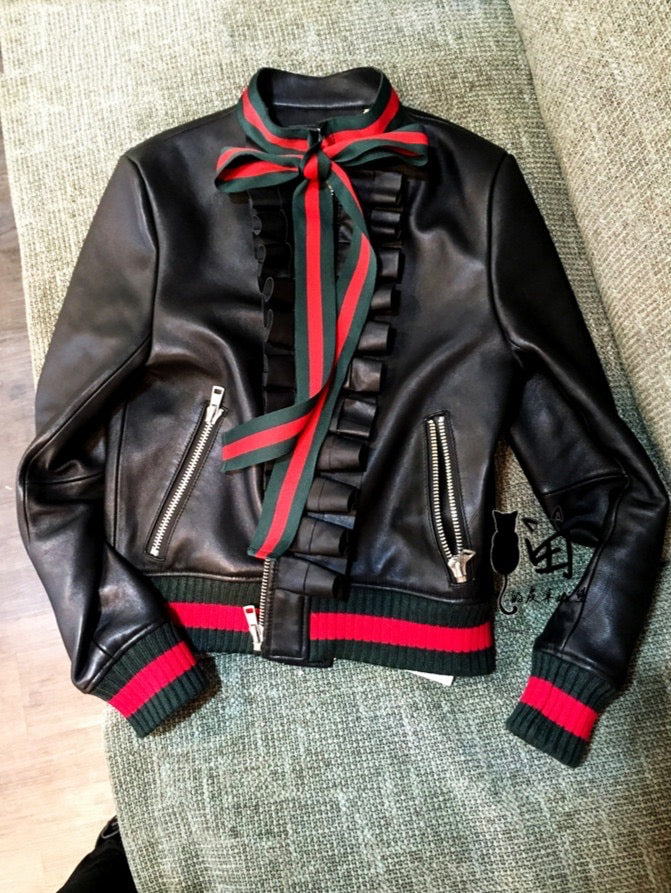 Ruffle Genuine Leather Bomber Jacket