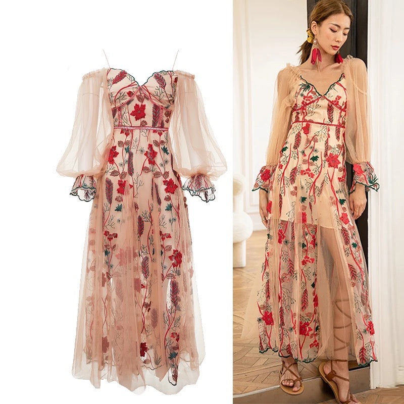 Designer Flower Embroidery Lantern Sleeve Sheer Long Dresses